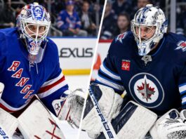New York Rangers goalie Igor Shesterkin and Winnipeg Jets goalie Connor Hellebuyck in a split image highlighting NHL trade rumors following Shesterkin's season-ending injury and speculation about a potential Rangers blockbuster trade.