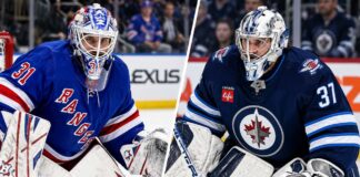New York Rangers goalie Igor Shesterkin and Winnipeg Jets goalie Connor Hellebuyck in a split image highlighting NHL trade rumors following Shesterkin's season-ending injury and speculation about a potential Rangers blockbuster trade.