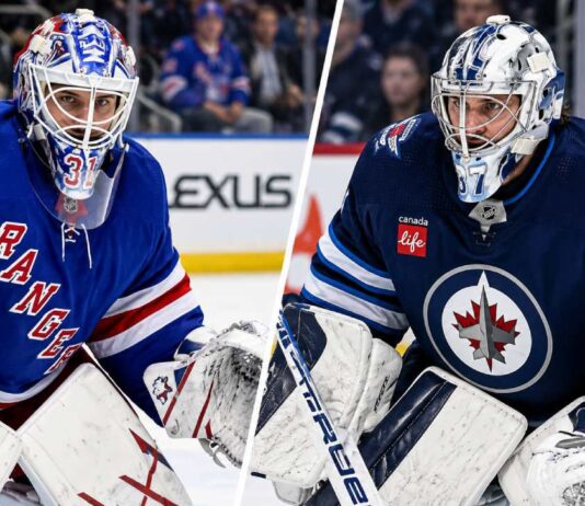 New York Rangers goalie Igor Shesterkin and Winnipeg Jets goalie Connor Hellebuyck in a split image highlighting NHL trade rumors following Shesterkin's season-ending injury and speculation about a potential Rangers blockbuster trade.