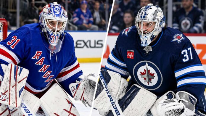 connor-hellebuyck-igor-shesterkin-rangers-jets-trade-rumors-2026 New York Rangers goalie Igor Shesterkin and Winnipeg Jets goalie Connor Hellebuyck in a split image highlighting NHL trade rumors following Shesterkin's season-ending injury and speculation about a potential Rangers blockbuster trade.