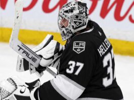 Connor Hellebuyck wearing a Los Angeles Kings jersey and goalie equipment in a conceptual image illustrating NHL trade rumors linking the Winnipeg Jets star goaltender to Los Angeles.