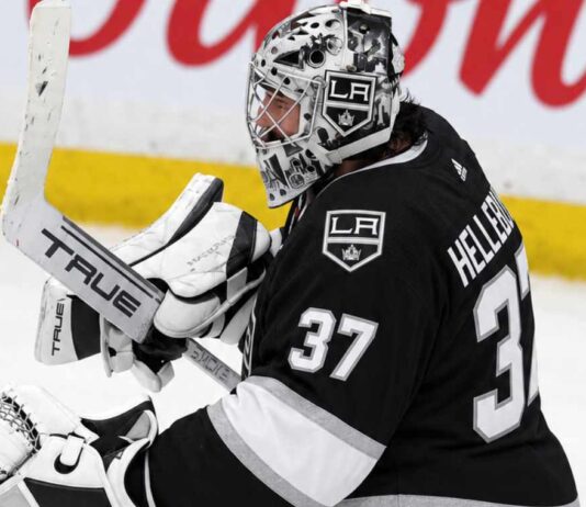 Connor Hellebuyck wearing a Los Angeles Kings jersey and goalie equipment in a conceptual image illustrating NHL trade rumors linking the Winnipeg Jets star goaltender to Los Angeles.
