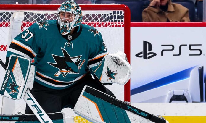 connor-hellebuyck-sharks-trade-rumors Connor Hellebuyck in a San Jose Sharks uniform amid NHL trade rumors linking the Winnipeg Jets goalie to San Jose