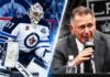 Connor Hellebuyck in his Winnipeg Jets uniform alongside Los Angeles Kings GM Ken Holland as NHL trade rumors intensify ahead of the October 23 decision.