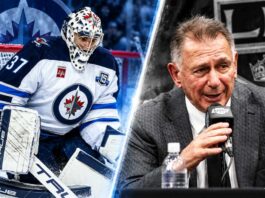 Connor Hellebuyck in his Winnipeg Jets uniform alongside Los Angeles Kings GM Ken Holland as NHL trade rumors intensify ahead of the October 23 decision.