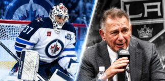 Connor Hellebuyck in his Winnipeg Jets uniform alongside Los Angeles Kings GM Ken Holland as NHL trade rumors intensify ahead of the October 23 decision.