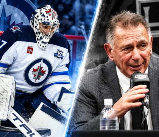 Connor Hellebuyck in his Winnipeg Jets uniform alongside Los Angeles Kings GM Ken Holland as NHL trade rumors intensify ahead of the October 23 decision.