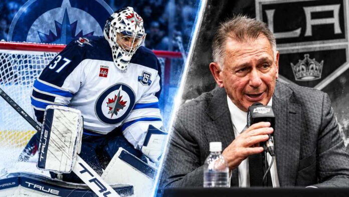 connor-hellebuyck-winnipeg-jets-los-angeles-kings-trade-rumors Connor Hellebuyck in his Winnipeg Jets uniform alongside Los Angeles Kings GM Ken Holland as NHL trade rumors intensify ahead of the October 23 decision.