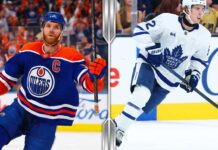 NHL News: Connor McDavid Passes Gretzky and Gavin McKenna Arrives in Style Split-screen graphic comparing Edmonton Oilers captain Connor McDavid and Toronto Maple Leafs rookie Gavin McKenna for the latest NHL news and fantasy hockey predictions.
