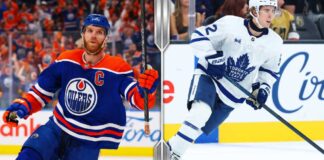 NHL News: Connor McDavid Passes Gretzky and Gavin McKenna Arrives in Style Split-screen graphic comparing Edmonton Oilers captain Connor McDavid and Toronto Maple Leafs rookie Gavin McKenna for the latest NHL news and fantasy hockey predictions.