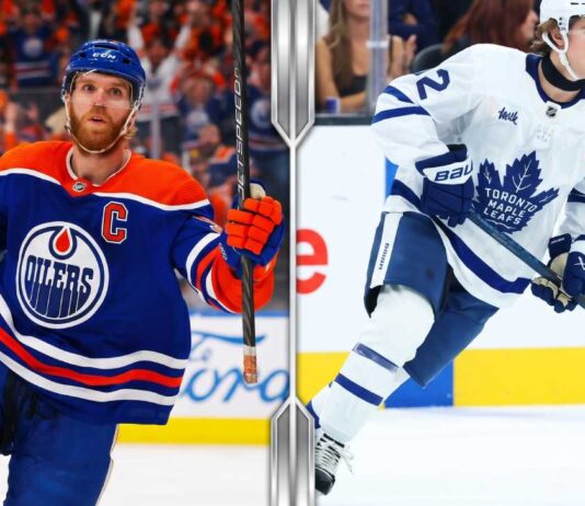 Split-screen graphic comparing Edmonton Oilers captain Connor McDavid and Toronto Maple Leafs rookie Gavin McKenna for the latest NHL news and fantasy hockey predictions.