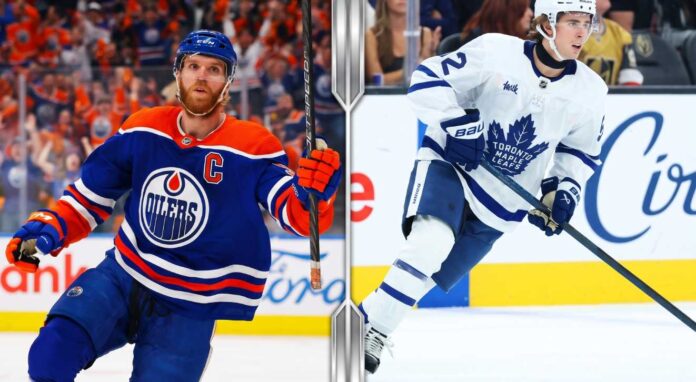 connor-mcdavid-13-game-assist-streak-gavin-mckenna-breakout Split-screen graphic comparing Edmonton Oilers captain Connor McDavid and Toronto Maple Leafs rookie Gavin McKenna for the latest NHL news and fantasy hockey predictions.