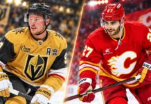 Split image of Jack Eichel in a Vegas Golden Knights jersey and Matt Coronato in a Calgary Flames jersey ahead of their October 15, 2026 NHL matchup and fantasy hockey prediction.