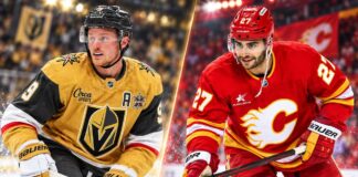 Split image of Jack Eichel in a Vegas Golden Knights jersey and Matt Coronato in a Calgary Flames jersey ahead of their October 15, 2026 NHL matchup and fantasy hockey prediction.