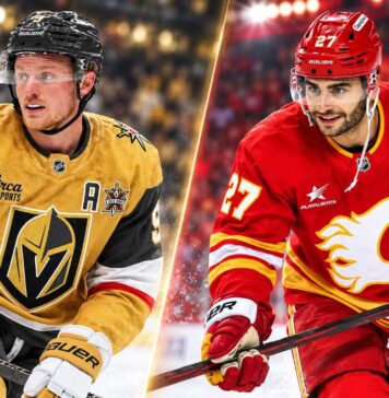 Split image of Jack Eichel in a Vegas Golden Knights jersey and Matt Coronato in a Calgary Flames jersey ahead of their October 15, 2026 NHL matchup and fantasy hockey prediction.