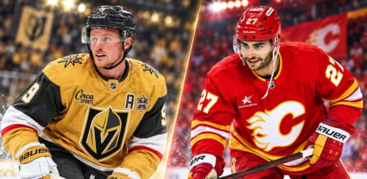 Split image of Jack Eichel in a Vegas Golden Knights jersey and Matt Coronato in a Calgary Flames jersey ahead of their October 15, 2026 NHL matchup and fantasy hockey prediction.