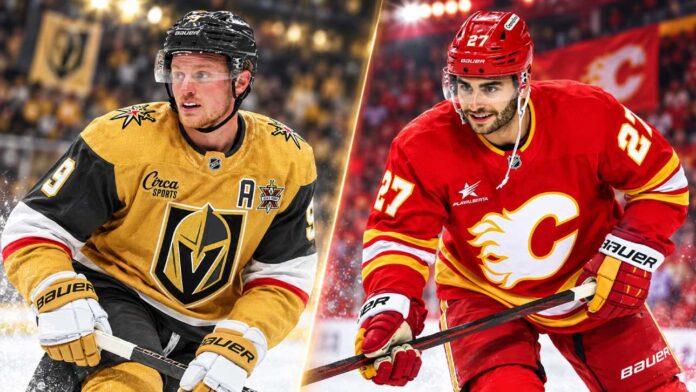 coronato-eichel-flames-golden-knights-2026 Split image of Jack Eichel in a Vegas Golden Knights jersey and Matt Coronato in a Calgary Flames jersey ahead of their October 15, 2026 NHL matchup and fantasy hockey prediction.