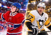 Split image of Pittsburgh Penguins captain Sidney Crosby and Montreal Canadiens forward Cole Caufield ahead of their October 31, 2026 NHL matchup.