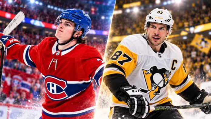 Split image of Pittsburgh Penguins captain Sidney Crosby and Montreal Canadiens forward Cole Caufield ahead of their October 31, 2026 NHL matchup.