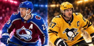 Nathan MacKinnon of the Colorado Avalanche and Sidney Crosby of the Pittsburgh Penguins featured in a split image ahead of their October 16, 2026 NHL matchup and fantasy hockey predictions.