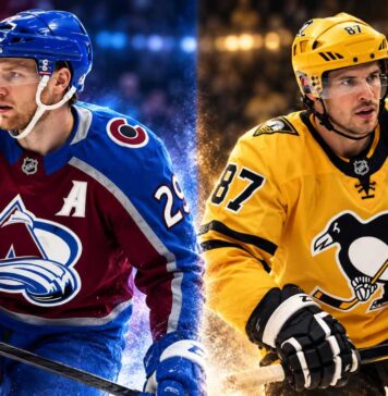 Nathan MacKinnon of the Colorado Avalanche and Sidney Crosby of the Pittsburgh Penguins featured in a split image ahead of their October 16, 2026 NHL matchup and fantasy hockey predictions.