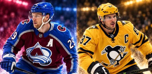 Nathan MacKinnon of the Colorado Avalanche and Sidney Crosby of the Pittsburgh Penguins featured in a split image ahead of their October 16, 2026 NHL matchup and fantasy hockey predictions.