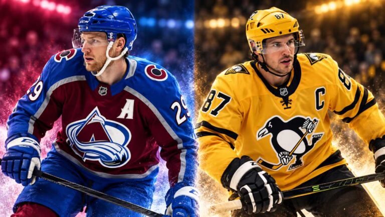 Nathan MacKinnon of the Colorado Avalanche and Sidney Crosby of the Pittsburgh Penguins featured in a split image ahead of their October 16, 2026 NHL matchup and fantasy hockey predictions.