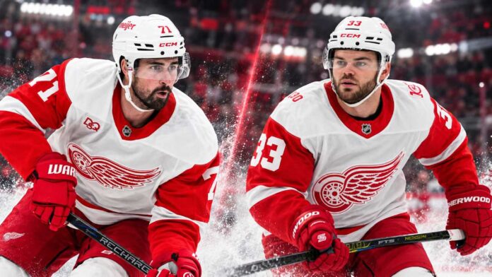 dylan-larkin-alex-debrincat-red-wings-trade-rumors Dylan Larkin and Alex DeBrincat in Detroit Red Wings jerseys as DeBrincat's $91 million contract extension raises questions about Larkin's future amid NHL trade rumors.