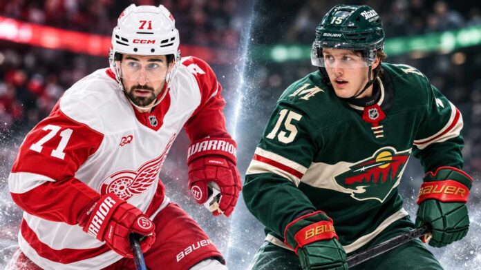 dylan-larkin-charlie-stramel-flyers-wild-trade-rumors Detroit Red Wings forward Dylan Larkin and Minnesota Wild prospect Charlie Stramel in an editorial split image about a potential three-team NHL trade involving Philadelphia.