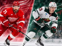 Dylan Larkin of the Detroit Red Wings and Danila Yurov of the Minnesota Wild in a split image highlighting NHL trade rumors surrounding a potential blockbuster deal.