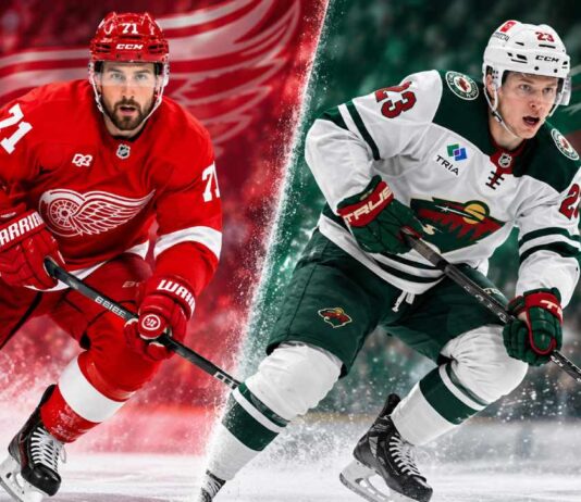 Dylan Larkin of the Detroit Red Wings and Danila Yurov of the Minnesota Wild in a split image highlighting NHL trade rumors surrounding a potential blockbuster deal.