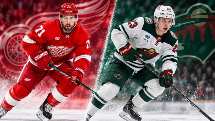 dylan-larkin-danila-yurov-red-wings-wild-trade-rumors Dylan Larkin of the Detroit Red Wings and Danila Yurov of the Minnesota Wild in a split image highlighting NHL trade rumors surrounding a potential blockbuster deal.