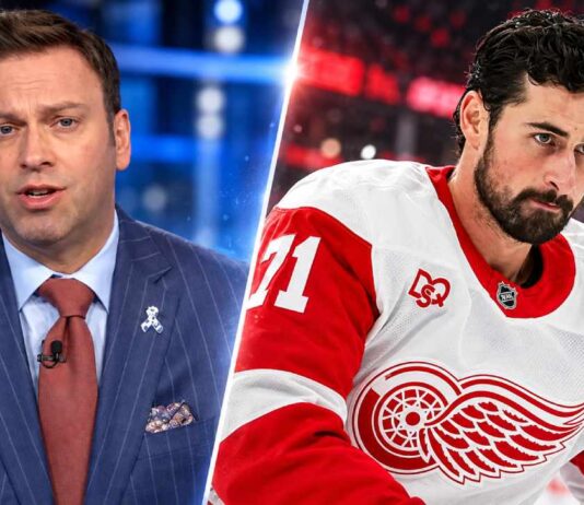 Elliotte Friedman and Detroit Red Wings captain Dylan Larkin featured in split image as new NHL trade rumors emerge about Detroit targeting young centers and prospects.