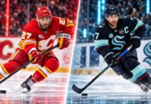 Jordan Eberle of the Seattle Kraken and Matt Coronato of the Calgary Flames ahead of their October 30, 2026 NHL matchup.