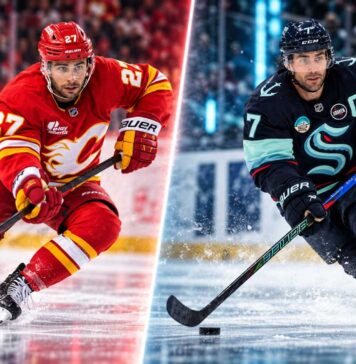 Jordan Eberle of the Seattle Kraken and Matt Coronato of the Calgary Flames ahead of their October 30, 2026 NHL matchup.