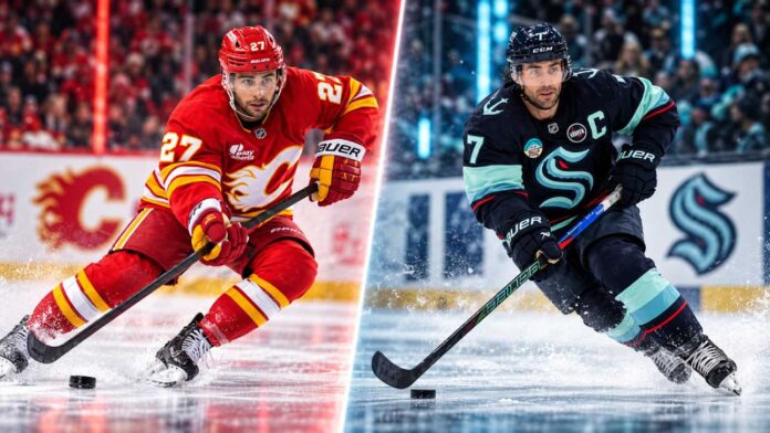 Jordan Eberle of the Seattle Kraken and Matt Coronato of the Calgary Flames ahead of their October 30, 2026 NHL matchup.