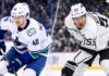Elias Pettersson Trade Rumors: Pagnotta Floats Quinton Byfield Swap With Kings Elias Pettersson in a Vancouver Canucks jersey alongside Quinton Byfield in a Los Angeles Kings jersey, illustrating NHL trade speculation.