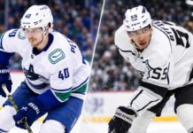 Elias Pettersson Trade Rumors: Pagnotta Floats Quinton Byfield Swap With Kings Elias Pettersson in a Vancouver Canucks jersey alongside Quinton Byfield in a Los Angeles Kings jersey, illustrating NHL trade speculation.