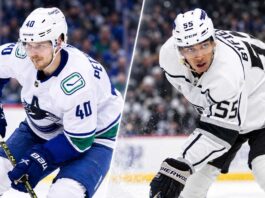 Elias Pettersson in a Vancouver Canucks jersey alongside Quinton Byfield in a Los Angeles Kings jersey, illustrating NHL trade speculation.