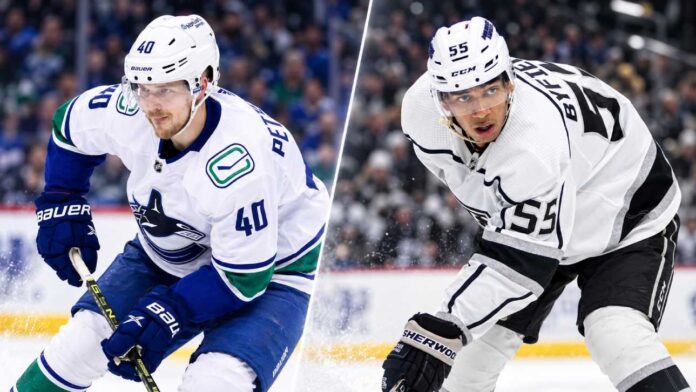elias-pettersson-quinton-byfield-kings-canucks-trade-rumors-2026 Elias Pettersson in a Vancouver Canucks jersey alongside Quinton Byfield in a Los Angeles Kings jersey, illustrating NHL trade speculation.