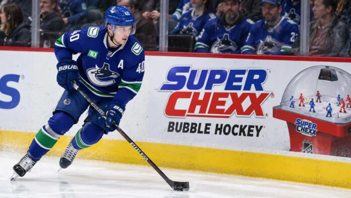 elias-pettersson-vancouver-canucks-trade-rumors-2026 Elias Pettersson skating along the boards in a Vancouver Canucks jersey beside a Super Chexx Bubble Hockey advertisement amid NHL trade rumors following his hot start to the 2026-27 season.