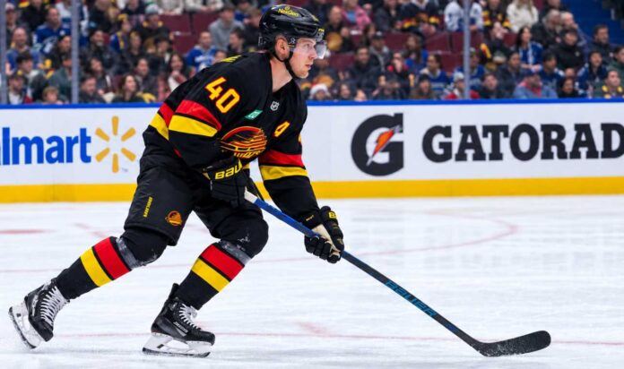 elias-pettersson-vancouver-canucks-trade-rumors-2026 Elias Pettersson skating for the Vancouver Canucks as trade rumors grow following his strong start to the 2026-27 NHL season.
