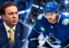 Split image of NHL insider Elliotte Friedman and Vancouver Canucks forward Jake DeBrusk amid October 2026 NHL trade rumors.
