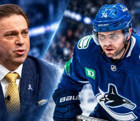 Split image of NHL insider Elliotte Friedman and Vancouver Canucks forward Jake DeBrusk amid October 2026 NHL trade rumors.