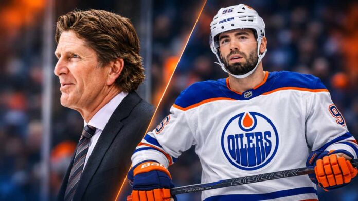 jake-walman-mike-babcock-oilers-healthy-scratch dmonton Oilers head coach Mike Babcock and defenceman Jake Walman in a split image illustrating Walman's projected second consecutive healthy scratch.