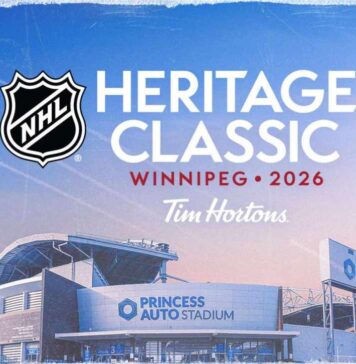 2026 NHL Heritage Classic promotional graphic featuring Princess Auto Stadium in Winnipeg, host of the October 25 Montreal Canadiens vs. Winnipeg Jets outdoor hockey game.