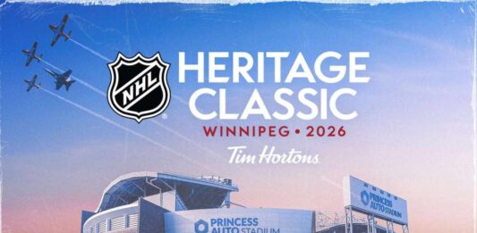 2026 NHL Heritage Classic promotional graphic featuring Princess Auto Stadium in Winnipeg, host of the October 25 Montreal Canadiens vs. Winnipeg Jets outdoor hockey game.