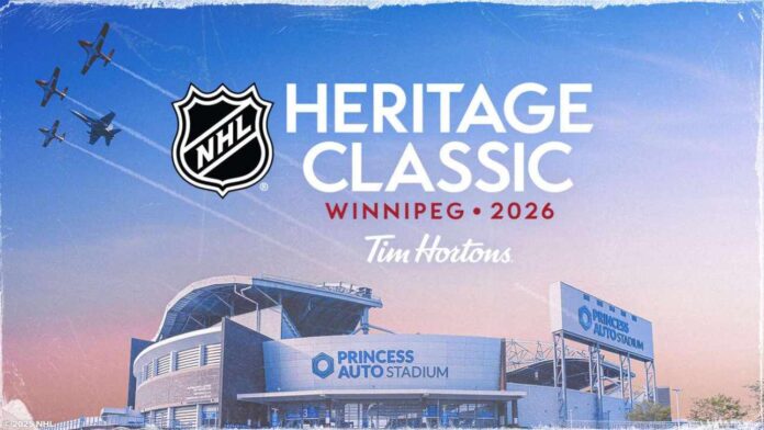 jets-canadiens-heritage-classic-october-25-2026 2026 NHL Heritage Classic promotional graphic featuring Princess Auto Stadium in Winnipeg, host of the October 25 Montreal Canadiens vs. Winnipeg Jets outdoor hockey game.