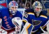 Jordan Binnington of the St. Louis Blues and Igor Shesterkin of the New York Rangers pictured together in a composite image as NHL trade rumors connect Binnington to New York's goaltending situation.