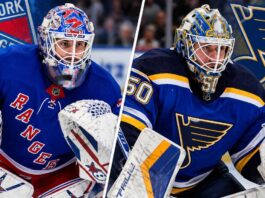Jordan Binnington of the St. Louis Blues and Igor Shesterkin of the New York Rangers pictured together in a composite image as NHL trade rumors connect Binnington to New York's goaltending situation.